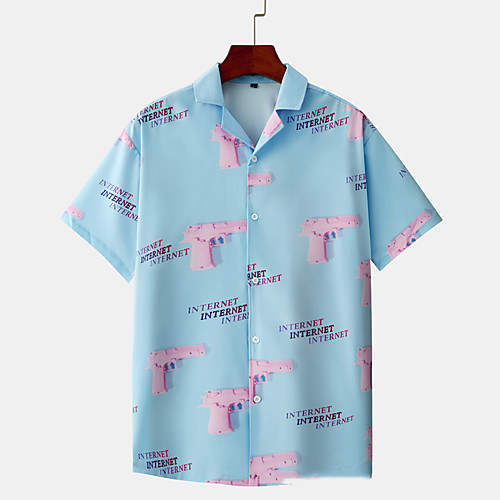 

Men's Shirt Letter Button-Down Short Sleeve Casual Tops Lightweight Casual Fashion Breathable Blue
