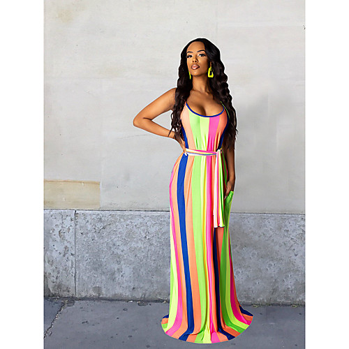 

Women's Strap Dress Maxi long Dress Fruit green stripes Sleeveless Stripes Spring Summer Casual / Daily 2021 S M L XL 2XL 3XL