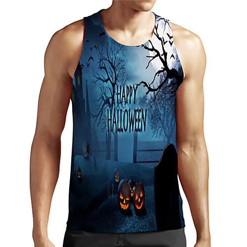 

Men's Unisex Tank Top Undershirt 3D Print Halloween Graphic Prints Pumpkin Plus Size Print Sleeveless Casual Tops Basic Designer Big and Tall Blue