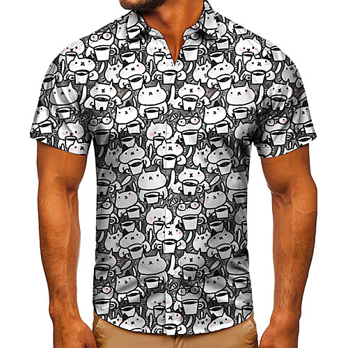 

Men's Shirt 3D Print Cartoon Graphic Prints Button-Down Short Sleeve Street Tops Casual Fashion Classic Breathable Gray / White