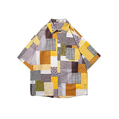 

Men's Shirt Lattice Short Sleeve Casual Tops Fashion Yellow Green