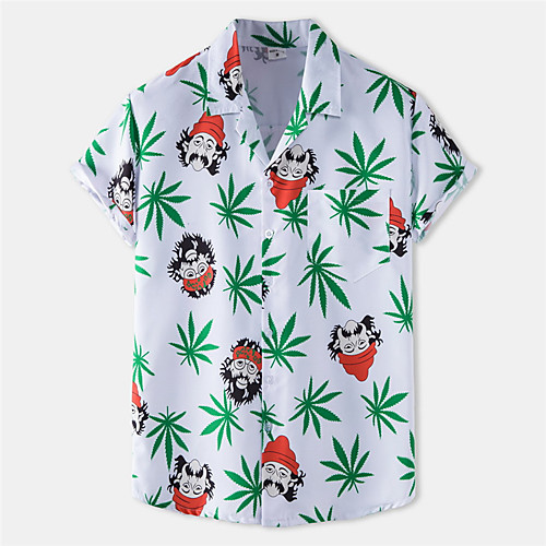 

Men's Shirt Portrait Leaves Button-Down Short Sleeve Casual Tops Cotton Casual Fashion Hawaiian Breathable Green