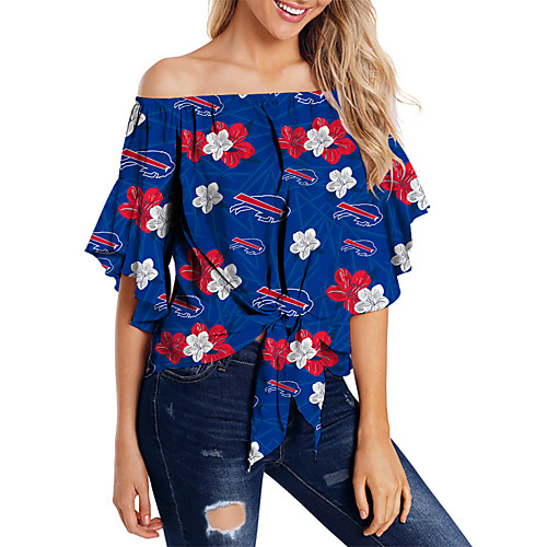 

Women's Blouse Shirt Floral Print Off Shoulder Hawaiian Beach Tops Navy Blue