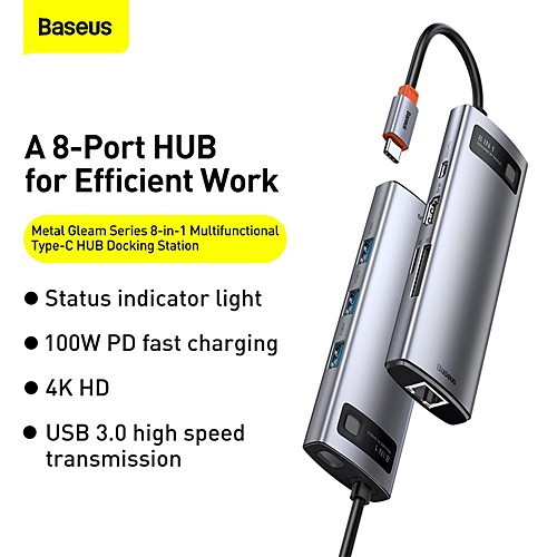 

BASEUS High Speed with Card Reader(s) OTG Support Power Delivery Function USB 3.0 USB C to HDMI-compatible 2.0 USB 3.0 USB 3.0 USB C RJ45 SD Card TF Card USB Hub 8 Ports For Windows, PC, Laptop