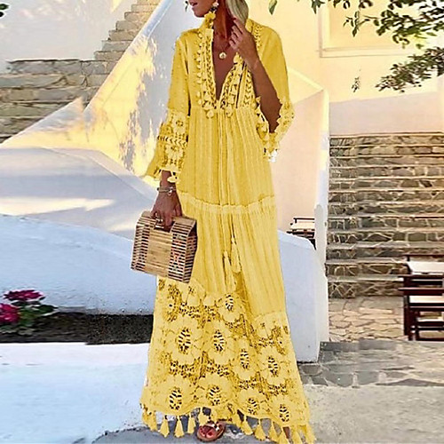 

Women's Swing Dress Maxi long Dress Blue Yellow Blushing Pink White 3/4-Length Sleeve Solid Color Embroidered Tassel Fringe Patchwork Spring Summer V Neck Casual / Daily Loose 2021 S M L XL XXL XXXL