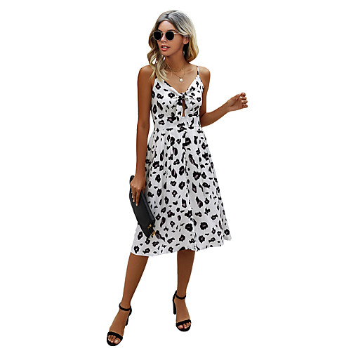 

Women's Strap Dress Knee Length Dress khaki Dark Green White Black Sleeveless Print Spring Summer Casual / Daily 2021 S M L XL