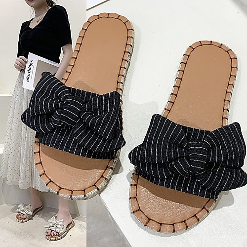 

Women's Sandals Outdoor Slippers Flat Heel Round Toe PU Bowknot Striped Yellow Black Beige