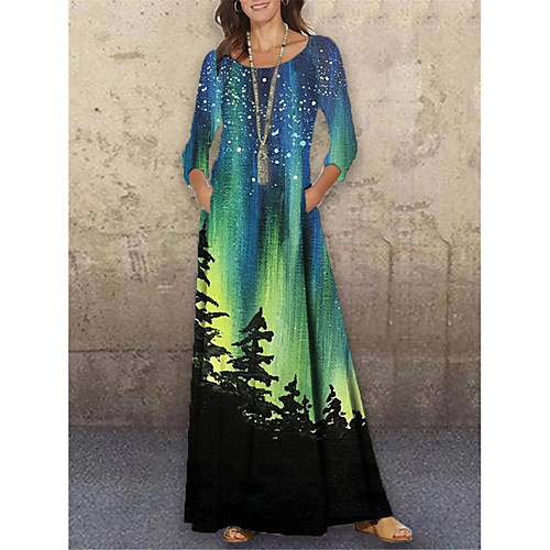 

Women's Shift Dress Maxi long Dress Green 3/4 Length Sleeve Print Color Gradient Print Spring Summer Round Neck Casual Holiday 2021 S M L XL XXL 3XL
