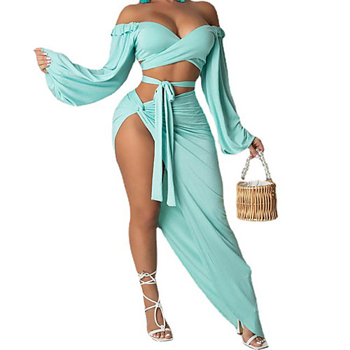 

Women's Sheath Dress Maxi long Dress Green Long Sleeve Solid Color Summer cold shoulder Sexy 2021 S M L XL