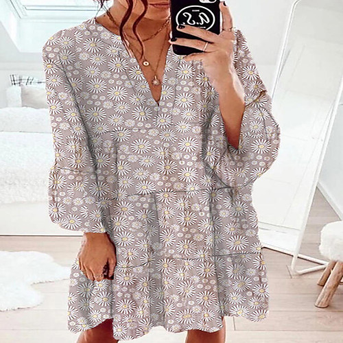

Women's A Line Dress Knee Length Dress Gray Long Sleeve Pattern Spring Summer Casual / Daily 2021 S M L XL XXL XXXL
