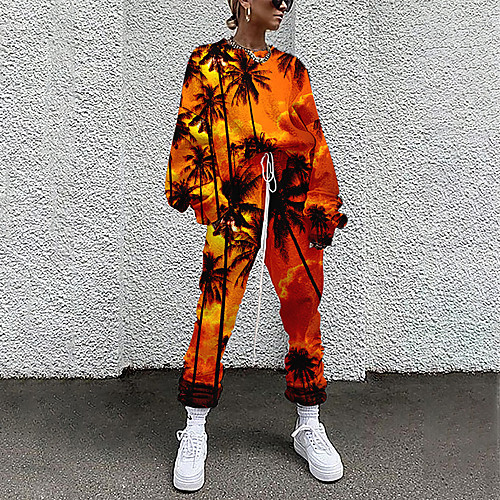 

Women's Basic Streetwear Landscape Plant Vacation Casual / Daily Two Piece Set Crew Neck Tracksuit T shirt Pant Loungewear Drawstring Print Tops / Loose