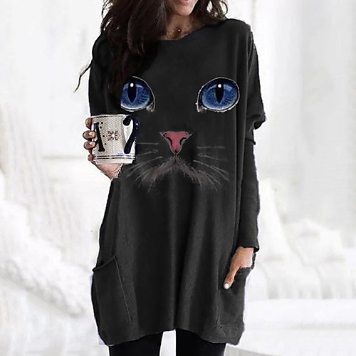 

Women's T shirt Dress Cat Graphic 3D Long Sleeve Pocket Round Neck Tops Basic Basic Top White Black Fuchsia