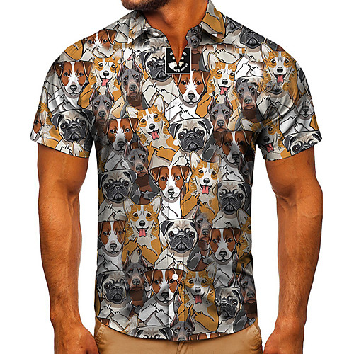 

Men's Shirt 3D Print Dog Graphic Prints Button-Down Short Sleeve Street Tops Casual Fashion Classic Breathable Yellow