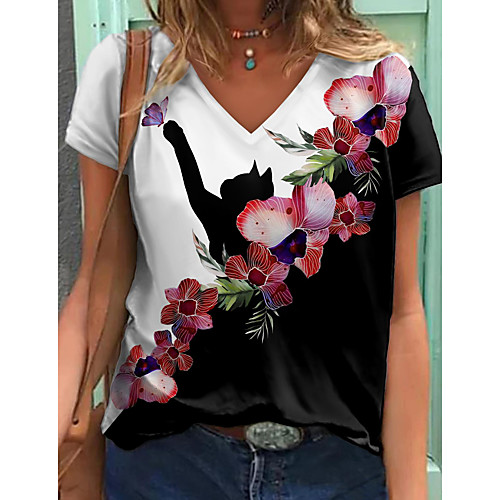 

Women's Floral Theme Cat Butterfly T shirt Floral Cat Butterfly Print V Neck Basic Tops Black