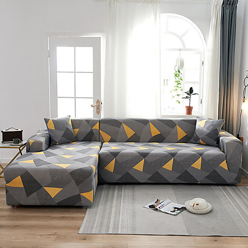 

Grey Triangle Print Dustproof All-powerful Slipcovers Stretch L Shape Sofa Cover Super Soft Fabric Couch Cover Sofa Furniture Protector with One Free Boster Case