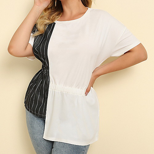

Women's Plus Size Tops T shirt Color Block Patchwork Asymmetric Short Sleeve Crewneck Black And White Big Size XL XXL 3XL 4XL