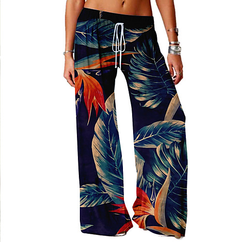

Women's Basic Soft Comfort Daily Home Wide Leg Pants Plants Tropical Full Length Elastic Drawstring Design Print Blue Green