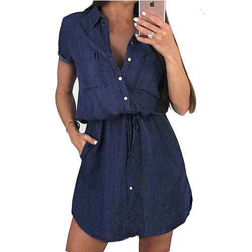 

Women's Shirt Dress Knee Length Dress Light Blue Dark Blue Short Sleeve Solid Color Spring Summer Casual / Daily 2021 S M L XL XXL XXXL