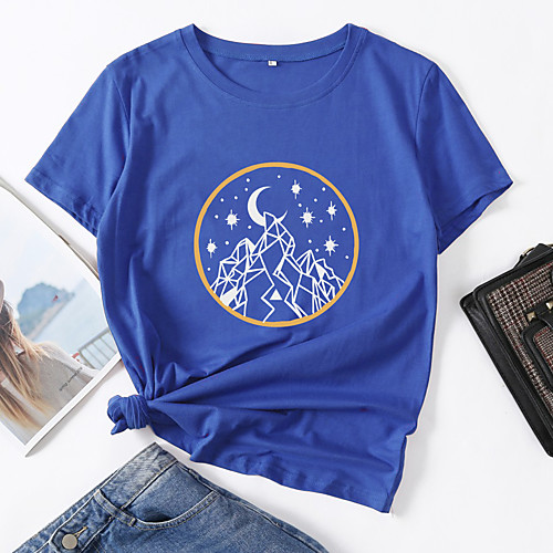 

Women's T shirt Scenery Print Round Neck Tops Cotton Basic Basic Top Black Blue Red