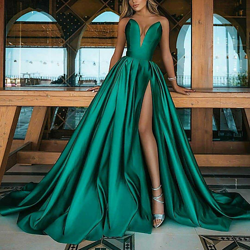 

Women's Swing Dress Maxi long Dress Green Sleeveless Solid Color Split Fall Spring Deep V Party Elegant Formal 2021 S M L XL XXL