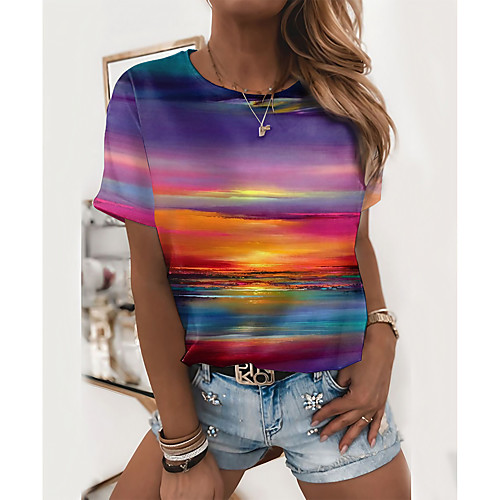 

Women's Holiday Abstract 3D Printed Painting T shirt Scenery 3D Ocean Print Round Neck Basic Tops Purple