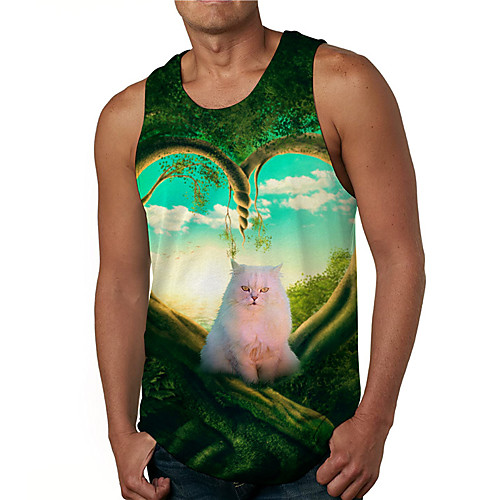 

Men's Tank Top Undershirt 3D Print Cat Graphic Prints Print Sleeveless Daily Tops Casual Designer Big and Tall Green