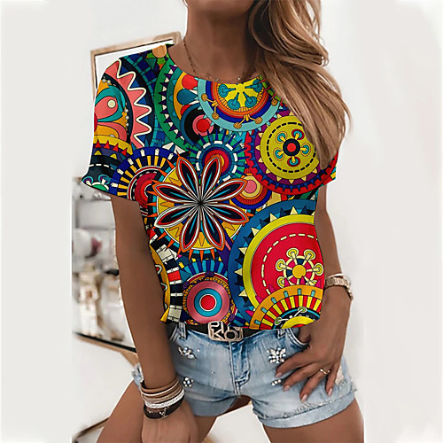 

Women's Painting T shirt Color Block Geometric Print Round Neck Basic Tops Rainbow