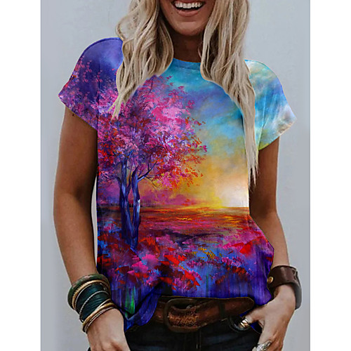 

Women's 3D Printed T shirt Scenery 3D Print Round Neck Tops Basic Basic Top Purple