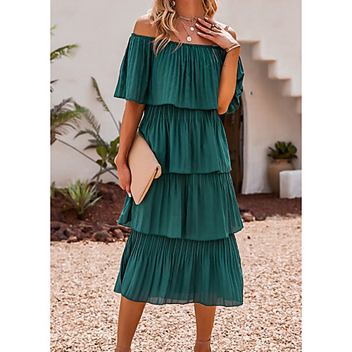 

Women's A Line Dress Midi Dress Green White Short Sleeve Solid Color Fall Summer cold shoulder Elegant Casual 2021 S M L XL XXL