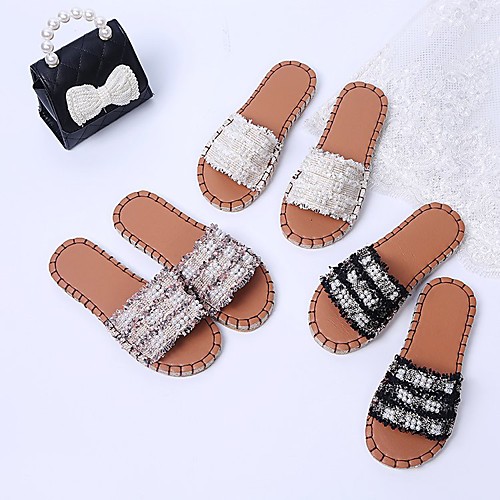 

Women's Sandals Outdoor Slippers Flat Heel Round Toe Polyester Pearl Solid Colored White Black Pink