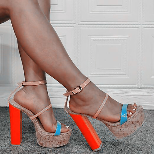 

Women's Sandals Platform Sandals Chunky Heel Open Toe Patent Leather Buckle Color Block Nude