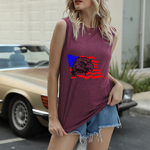 

Women's Independence Day Tank Top T shirt Star USA American Flag Print Round Neck Basic Streetwear Tops Blushing Pink Wine Fuchsia