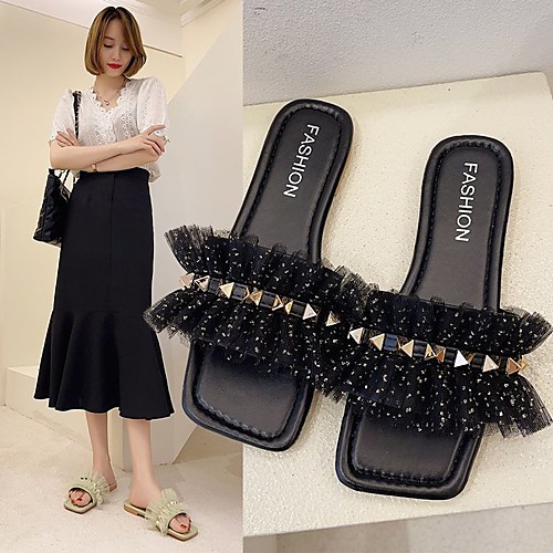 

Women's Sandals Outdoor Slippers Flat Heel Square Toe PU Lace Solid Colored Black Green Beige