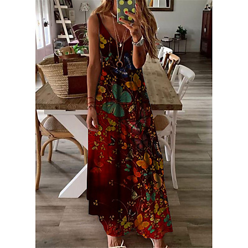 

Women's A Line Dress Maxi long Dress Wine Sleeveless Butterfly Animal Print Spring Summer V Neck Casual Holiday 2021 S M L XL XXL 3XL