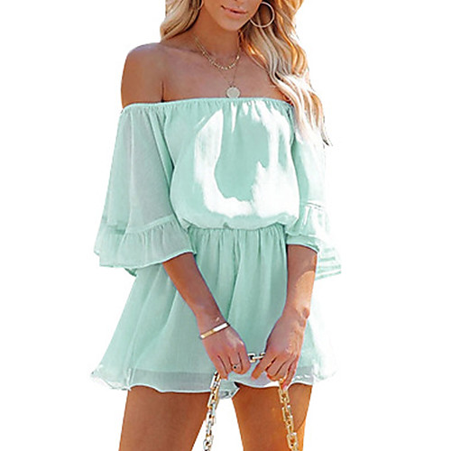 

Women's Ordinary Off Shoulder Blue Beige Romper Solid Colored Patchwork