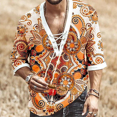 

Men's Shirt Floral Drawstring Short Sleeve Casual Tops Casual Fashion Breathable Comfortable White Orange Navy Blue