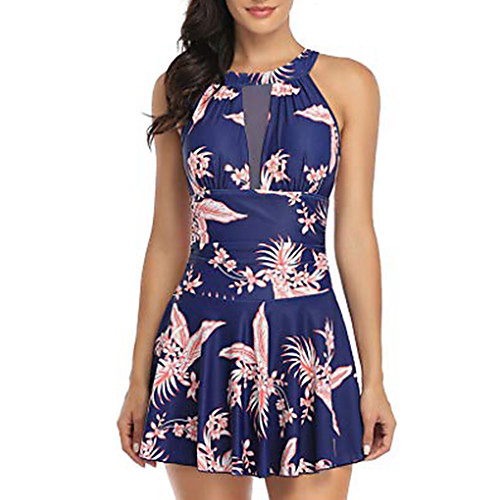 

Women's One Piece Swim Dress Swimsuit Slim Solid Color Leopard saffron Blue leaves Black flower Safflower on black Swimwear Bathing Suits New Fashion Sexy / Padded Bras