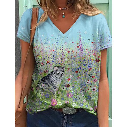 

Women's Floral Theme T shirt Floral Cat Graphic Print V Neck Tops Basic Basic Top Blue