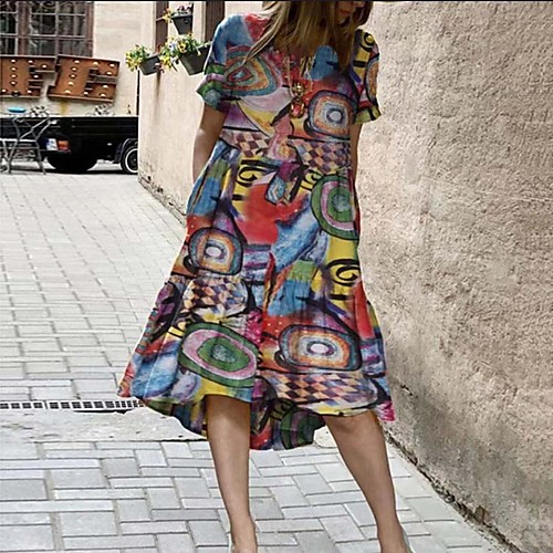 

Women's A Line Dress Midi Dress Yellow Red Short Sleeve Print Pocket Patchwork Plus High Low Spring Summer Round Neck Casual 2021 S M L XL XXL 3XL 4XL 5XL / Cotton / Cotton