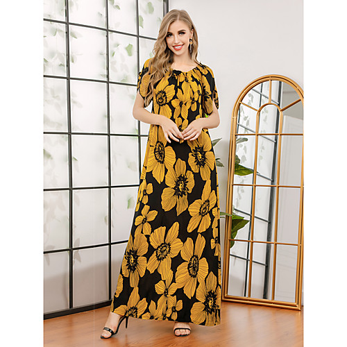 

Women's Swing Dress Maxi long Dress Yellow Short Sleeve Print Spring Summer Elegant & Luxurious 2021 L XL XXL XXXL