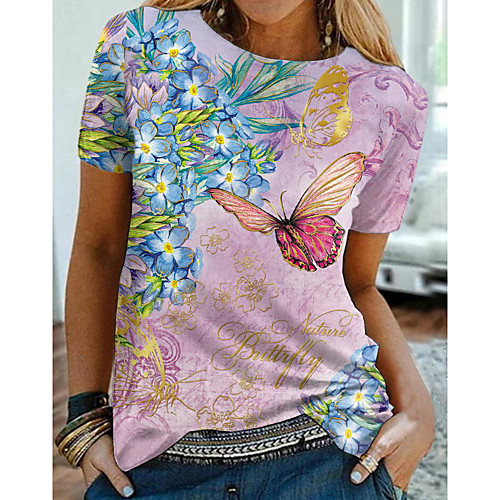 

Women's Floral Theme Butterfly Painting T shirt Floral Graphic Print Round Neck Basic Tops Blushing Pink