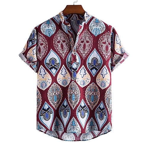 

Men's Shirt Other Prints Graphic Short Sleeve Daily Tops Ethnic Style Wine / Summer / Stand Collar