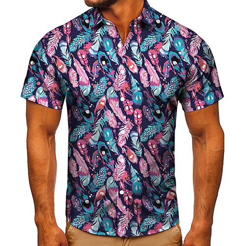 

Men's Shirt 3D Print Graphic Prints Feather Button-Down Short Sleeve Street Tops Casual Fashion Classic Breathable Blue