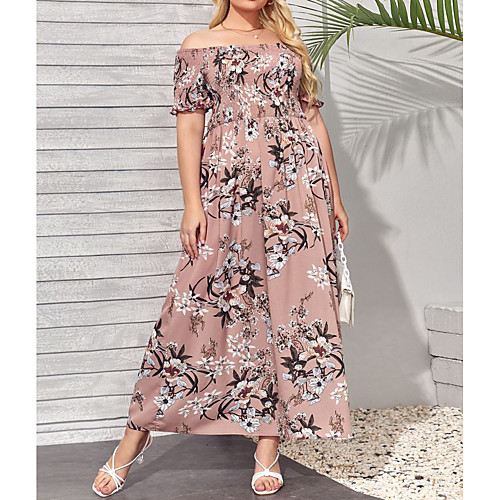 

Women's Plus Size Dress Chiffon Dress Maxi long Dress Short Sleeve Graphic Backless Basic Spring Summer Blushing Pink XL XXL 3XL 4XL / vacation dresses