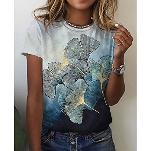 

Women's Floral Theme T shirt Plants Graphic Print Round Neck Basic Tops Blue