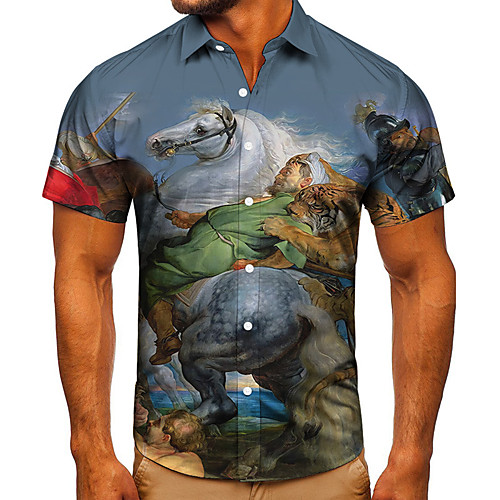 

Men's Shirt 3D Print Graphic Prints Horse Button-Down Short Sleeve Street Tops Casual Fashion Classic Breathable Gray