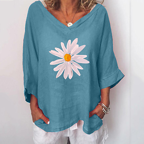 

Women's Plus Size Tops Blouse Floral Graphic 3/4 Length Sleeve V Neck Spring Summer Blue Blushing Pink Gray Big Size L XL 2XL 3XL 4XL