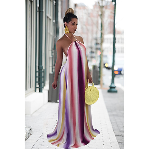 

Women's Strap Dress Maxi long Dress Purple Stripes Spring Summer Casual / Daily 2021 S M L XL
