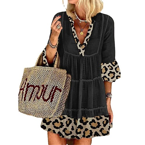 

Women's Loose Short Mini Dress Gray Black Apricot Half Sleeve Leopard Print Solid Color Smocked Patchwork Spring Summer V Neck Stylish Casual / Daily Loose 2021 S M L XL XXL XXXL