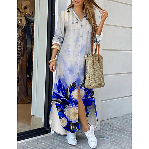 

Women's Shirt Dress Maxi long Dress Blue Long Sleeve Floral Print Spring Summer Shirt Collar Casual Holiday 2021 S M L XL XXL 3XL
